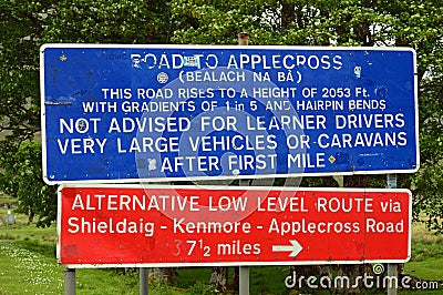 Warning Sign Applecross Road Scotland Stock Photo